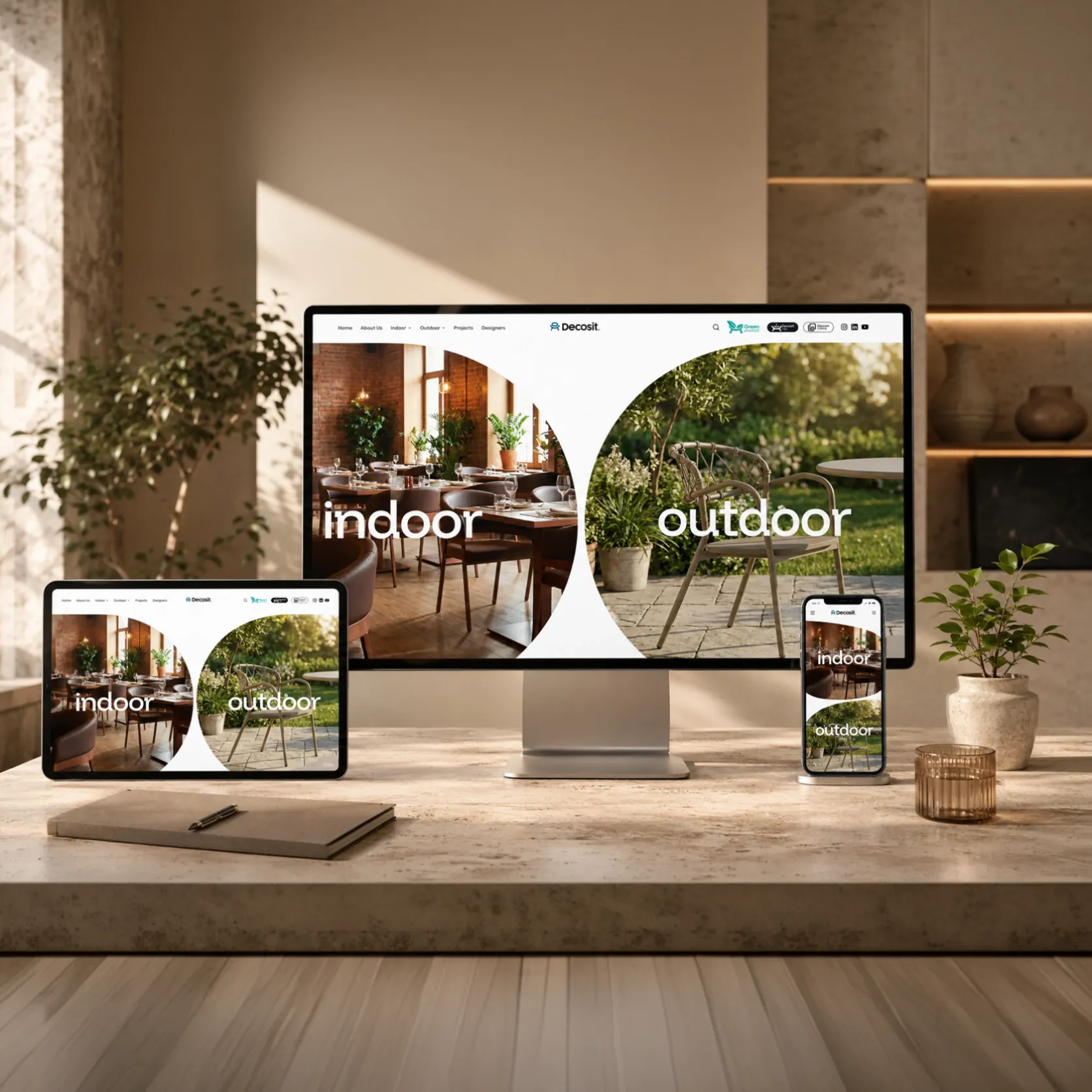 Decosit web sitesinin masaüstü, dizüstü, tablet ve telefondaki görünümü