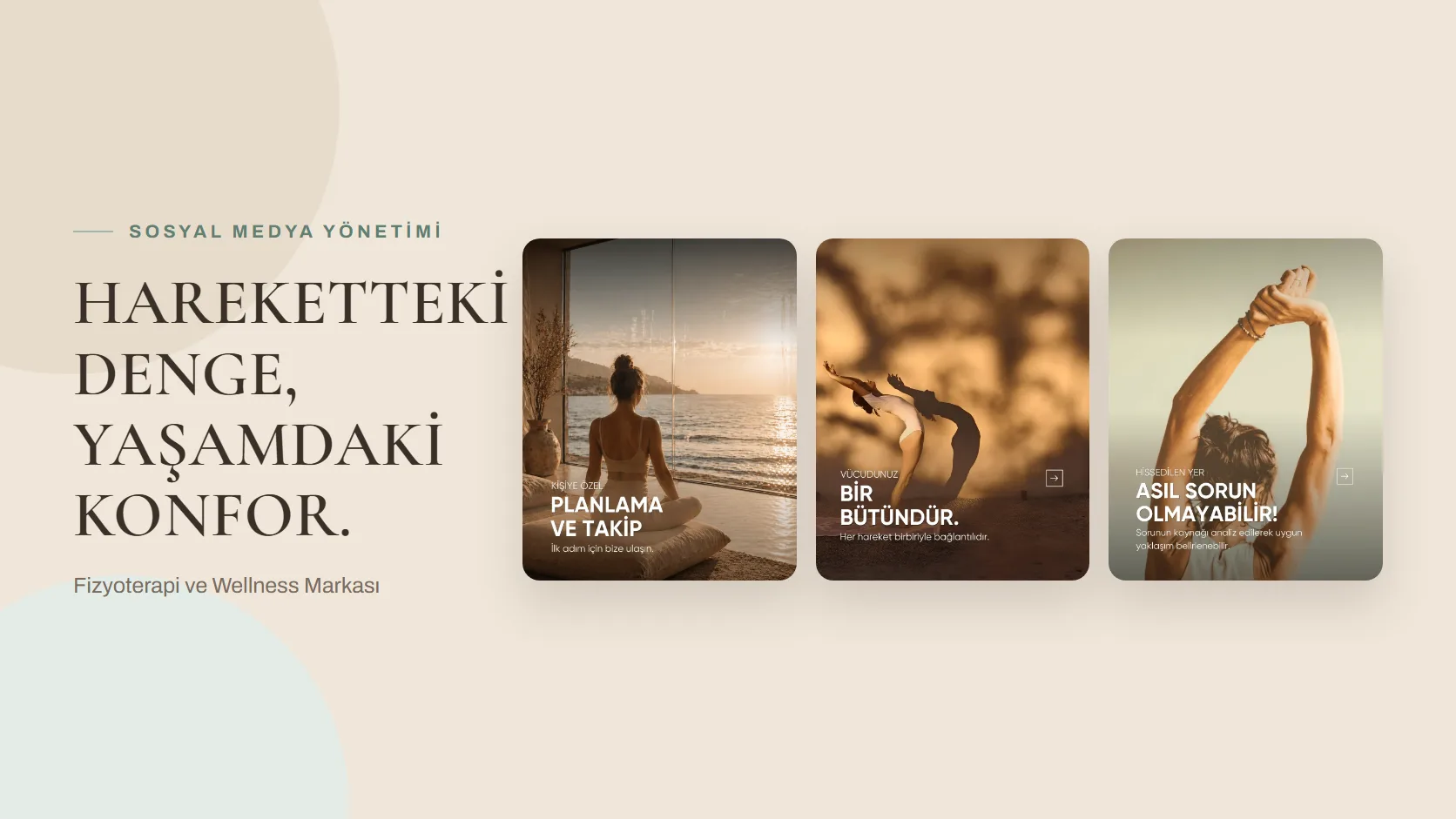 Fizyoterapi ve Wellness Markası için tasarlanan Instagram paylaşımlarından üç kare