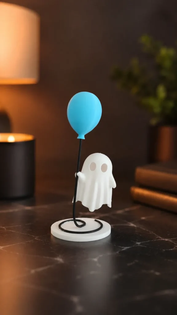 Mavi balon tutan beyaz hayalet figürü, mum ve kitapların yanında