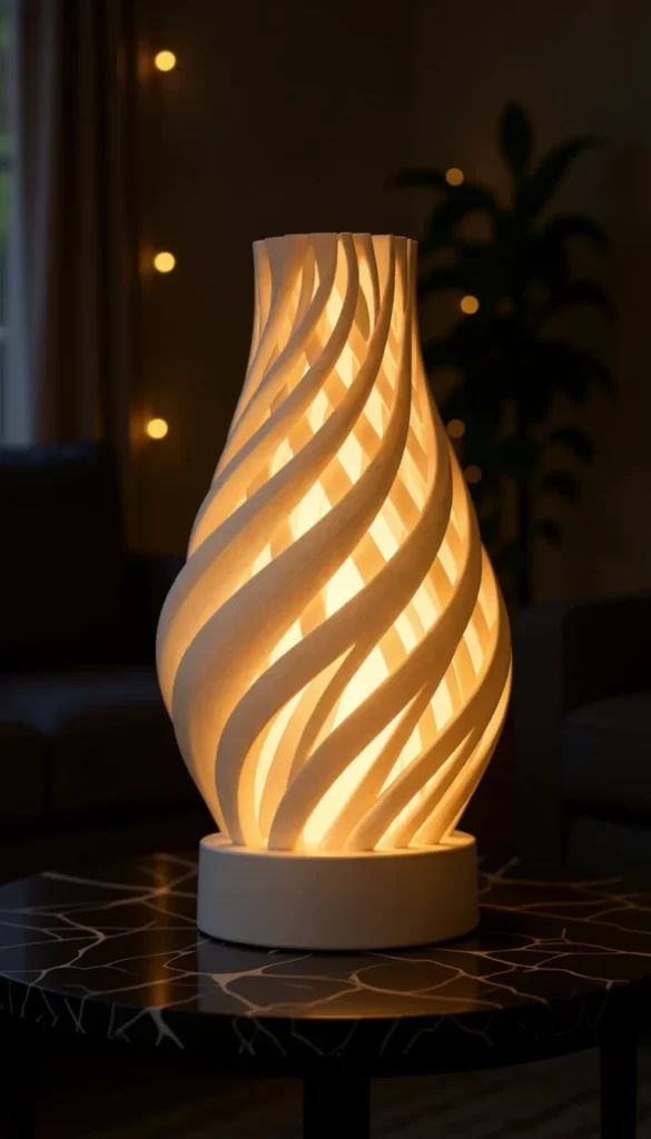 Spiral desenli, içi ışıklı 3D baskı dekoratif lamba, akşam ışığında koyu mermer sehpada