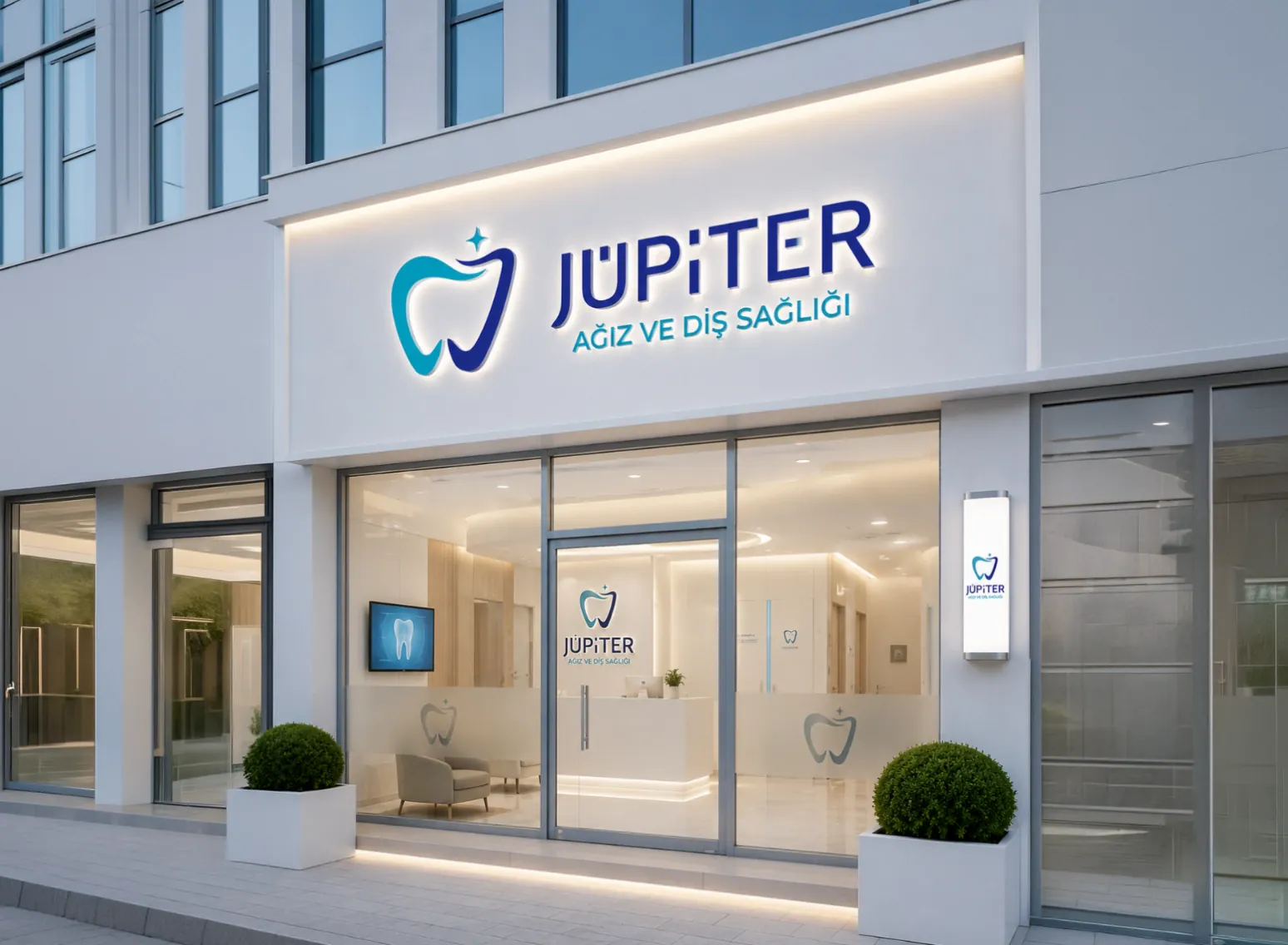 Jüpiter Ağız ve Diş Sağlığı logosunun klinik cephesindeki tabela uygulaması