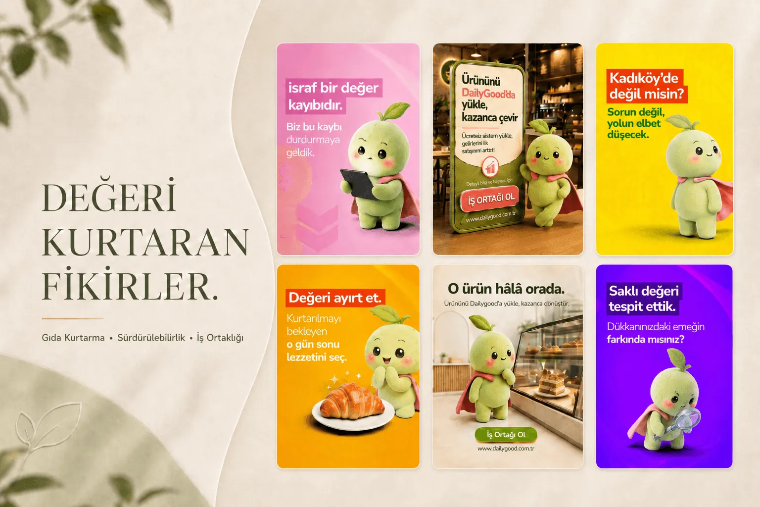 Maskotlu sosyal medya içeriklerinden oluşan altı karelik ızgara