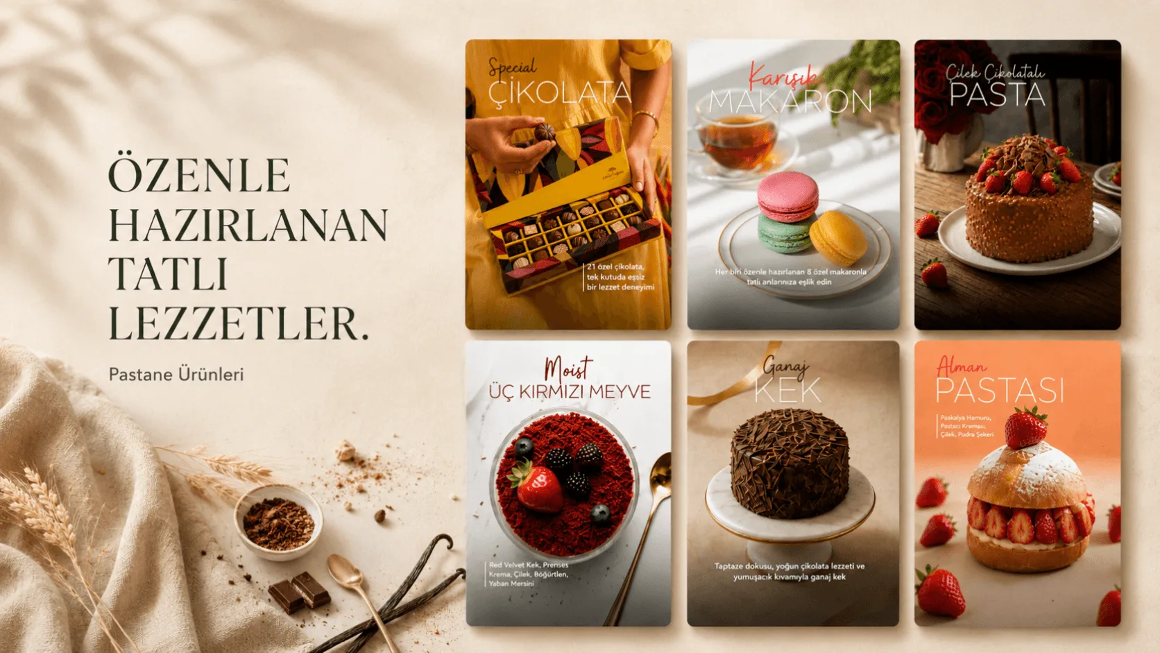 Pastane ve Tatlı Markası'nın Instagram düzeni: altı tatlı karesinden oluşan ızgara