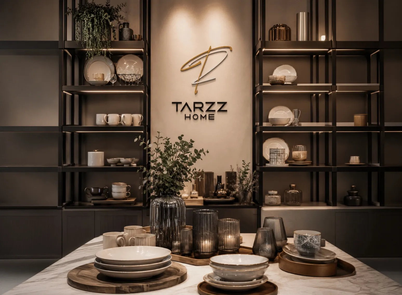 Tarzz Home logosunun mağaza içi raf duvarındaki uygulaması