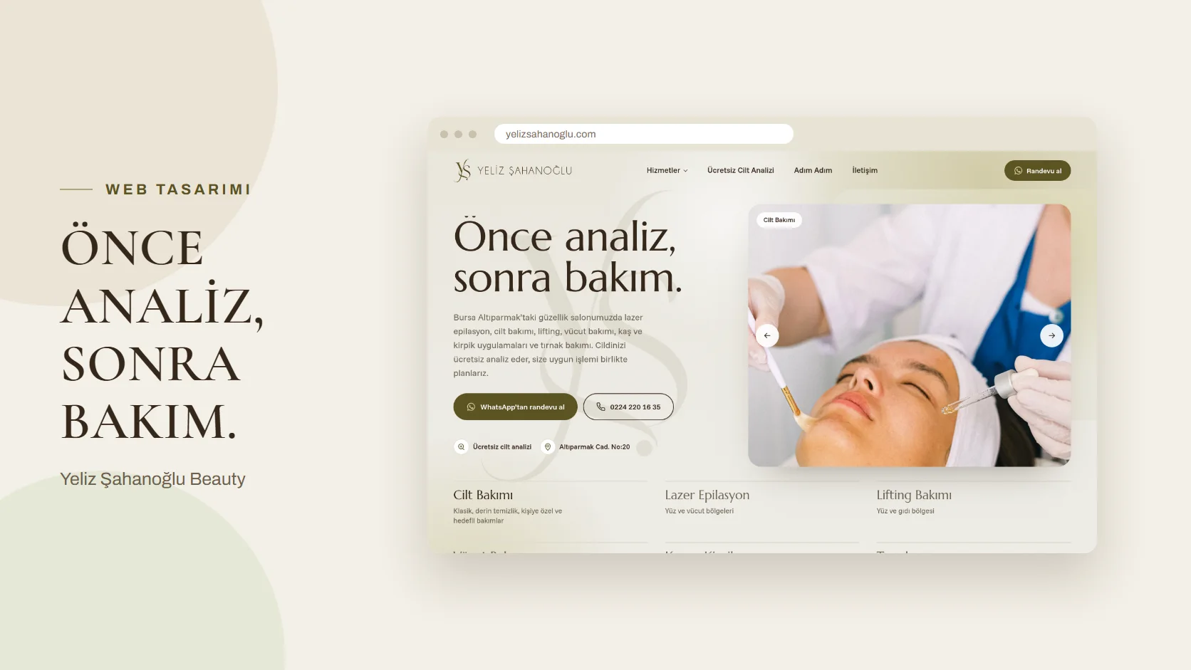 Yeliz Şahanoğlu Beauty web sitesinin ana sayfası tarayıcı penceresinde