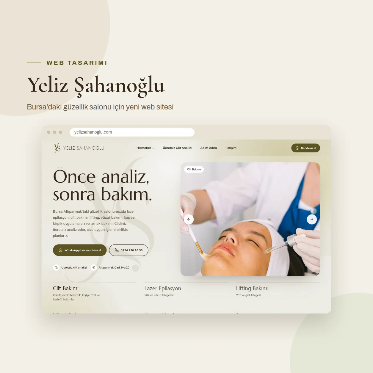 Yeliz Şahanoğlu Beauty için yapılan web sitesi, masaüstü tarayıcıda