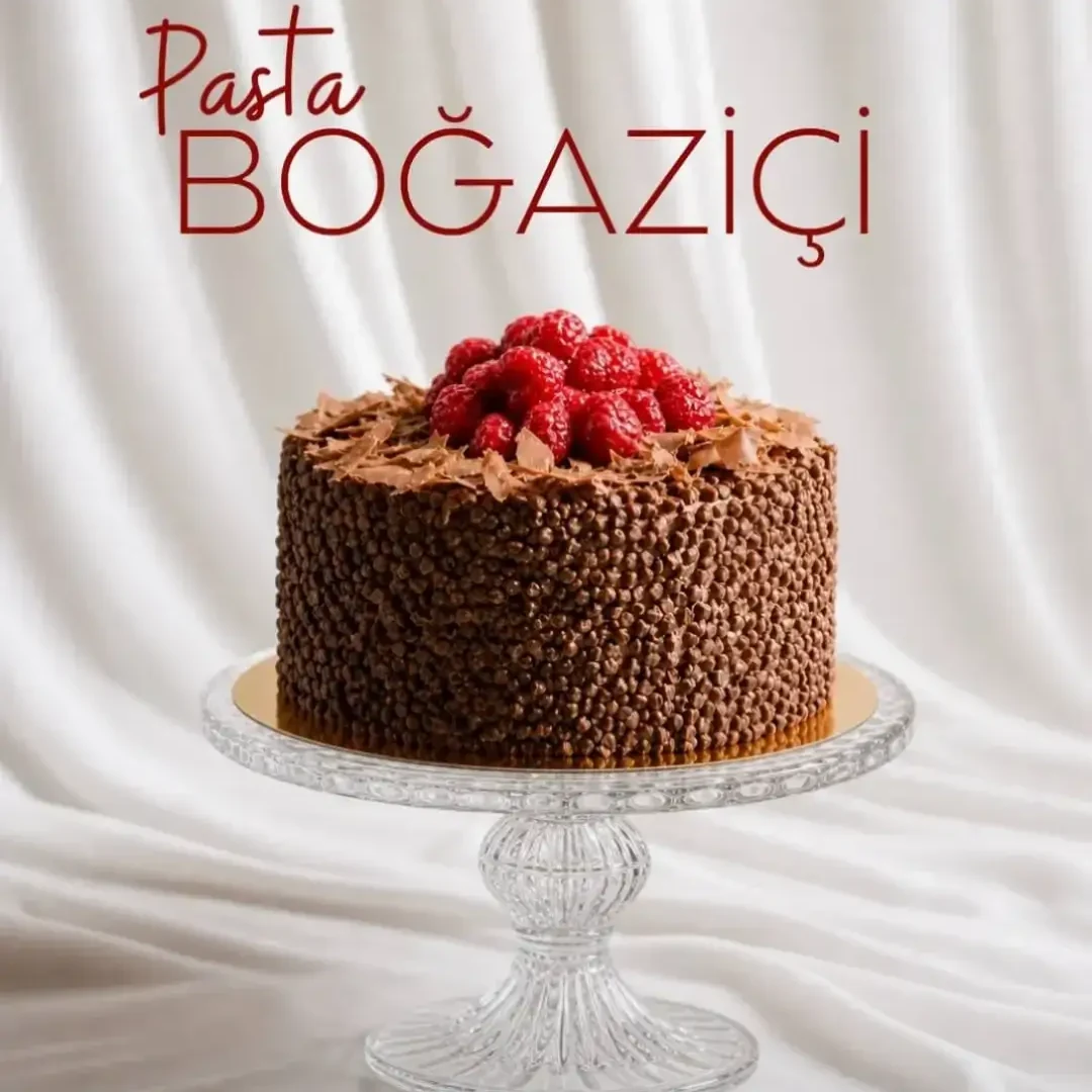 Cam ayaklık üzerinde ahududulu çikolatalı pasta; pastane markası için hazırlanan tanıtım karesi